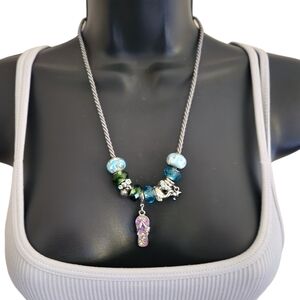 Beachy Necklace Flip Flop and Dolphin with Glass Beads  Green/Blue 22" Inches